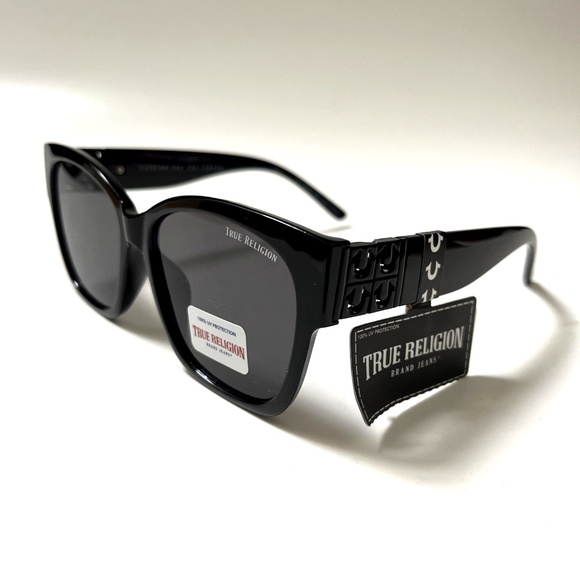 NWT Original TRUE RELIGION Square Sunglasses Classic Acetate Black Gold Logo UU - Picture 1 of 6